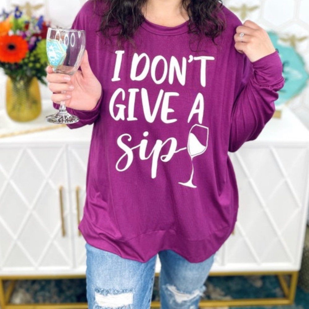 NTW “I Don’t Give A Sip” Long Sleeve Oversized Lounge Top, Magenta, Size Medium
